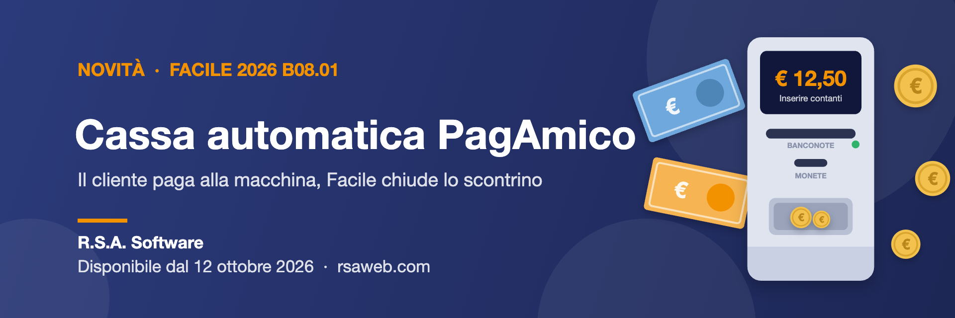 Cassa automatica PagAmico con Facile 2026 B08.01: cassa rendiresto con display, banconote e monete in euro