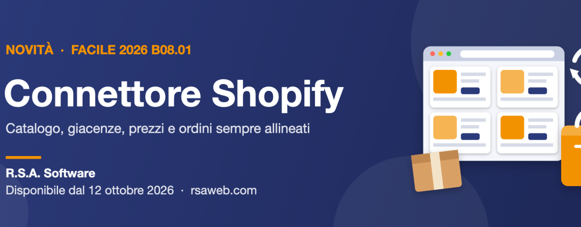 Connettore Shopify di Facile 2026 B08.01: finestra di un negozio online con prodotti, frecce di sincronizzazione, borsa della spesa e pacco