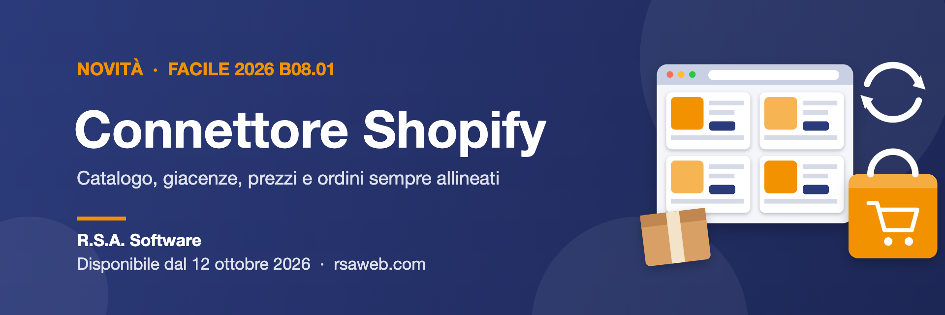 Connettore Shopify di Facile 2026 B08.01: finestra di un negozio online con prodotti, frecce di sincronizzazione, borsa della spesa e pacco
