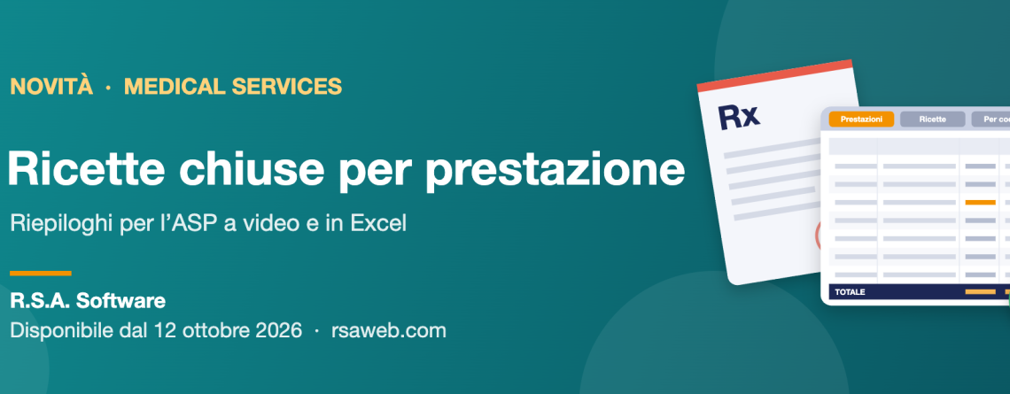 Ricette chiuse per prestazione in Medical Services: ricetta medica, foglio di calcolo con filtri e totali e icona di download Excel su sfondo verde acqua